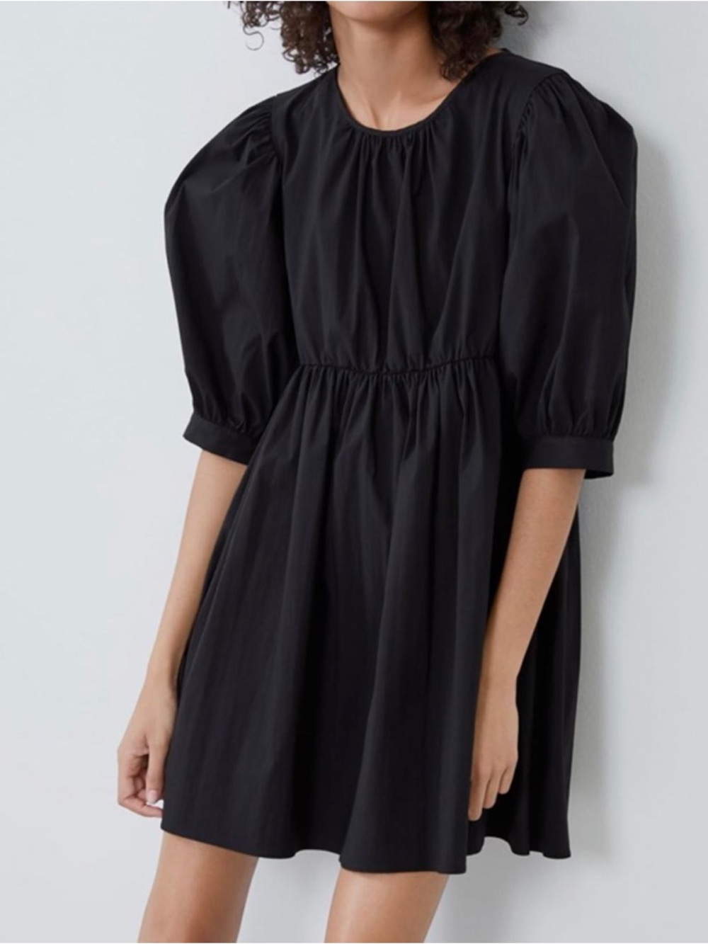 Zara Black Poplin Puff Sleeve Mini Dress - XS